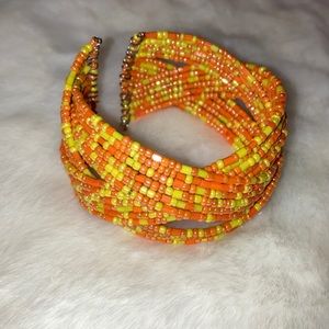 Orange & Yellow Beaded and Braided Bangle Statement Jewelry